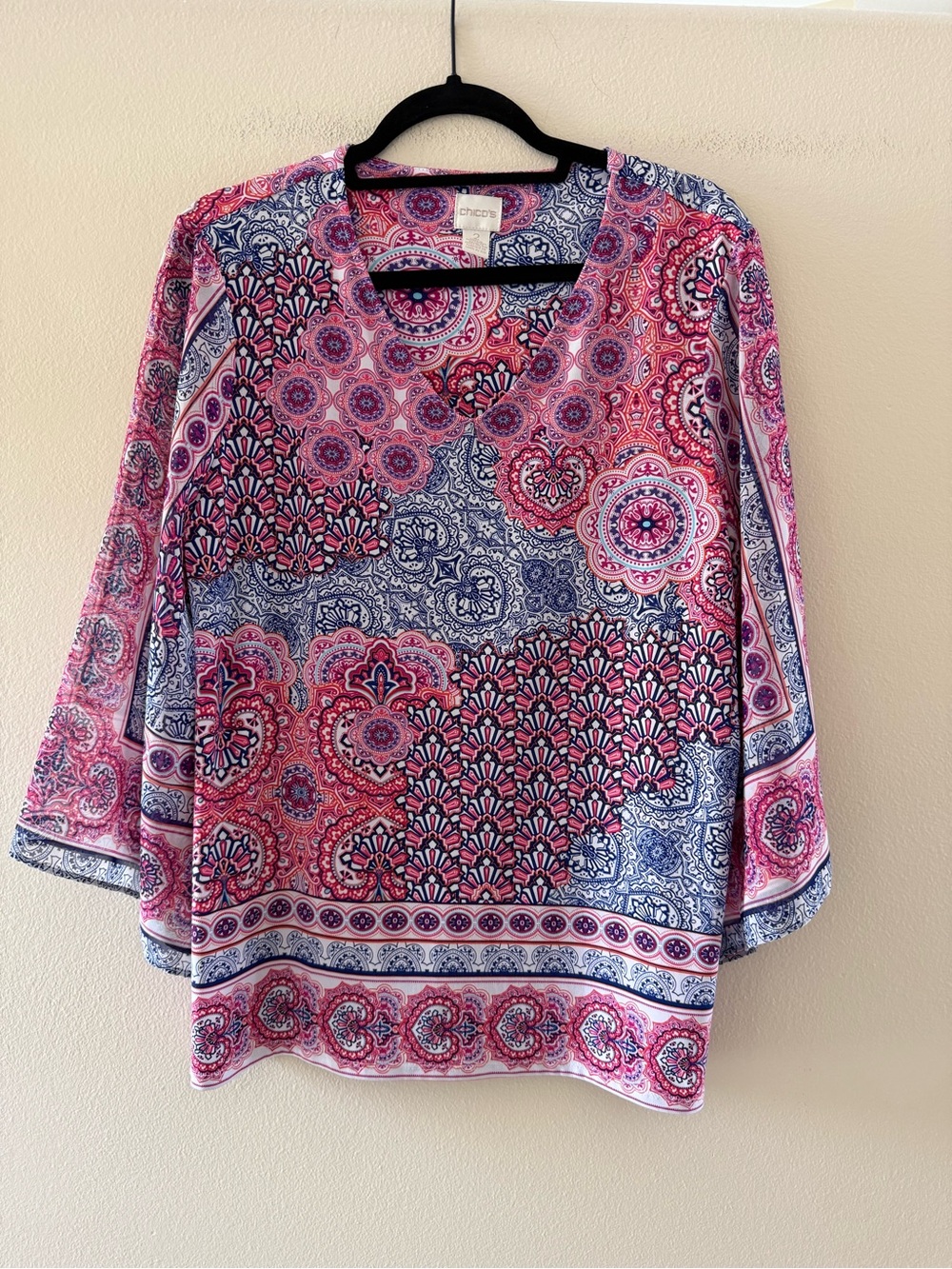 Chico's Pink & Navy Mixed Paisley Medallion Blouse With 3/4 Sheer Flared Sleeves